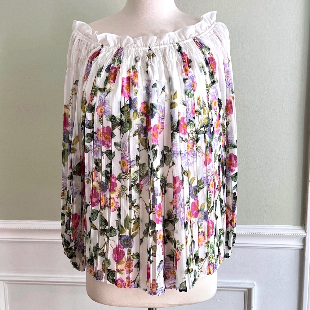 WHBM Whimsy Floral Blouse Women Sz L Pleated Sheer Sleeve White Ethereal Garden